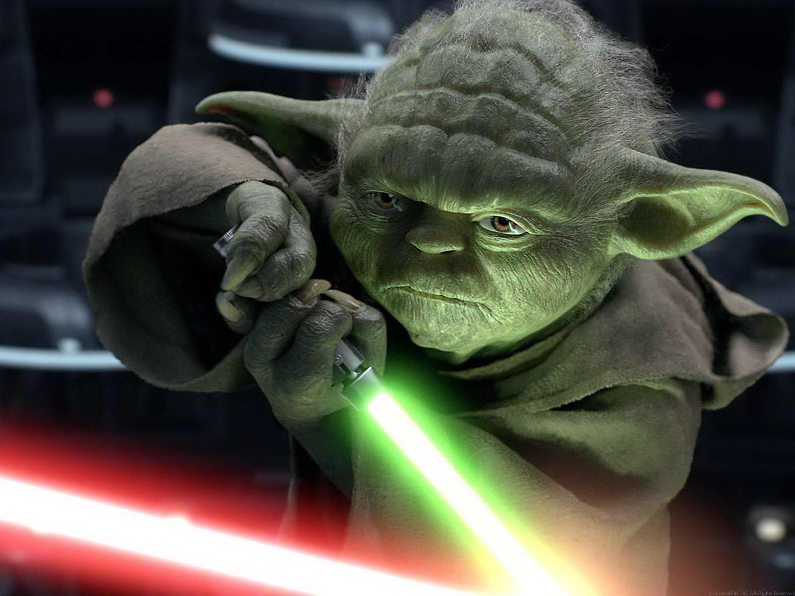 Yoda battling Palpatine in the Senate chamber.
