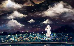 Anime Art Girl Night Flowers Sky