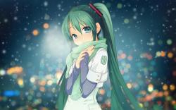 Anime Girl Green Hair Winter Snowflakes Lights HD Wallpaper