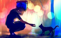 Art Boy Cat Rain Anime