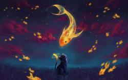 Art Fantasy Goldfish Kitten Night Stars