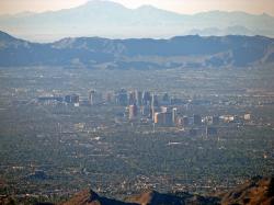 A view of downtown Phoenix, Arizona from the vantage point of our hot air balloon basket