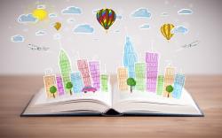 Book City Buildings Trees Cars Airplane Clouds Sun