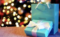 Christmas Tree Lights Holiday Gift Blue Box Ribbon Bow Bag Bokeh