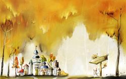 City Houses Autumn Trees Bunny Fairy Tale Drawing Painting