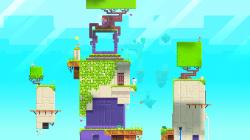 In Fez, the player-character hops between platforms to collect golden cube fragments in a variety of settings.