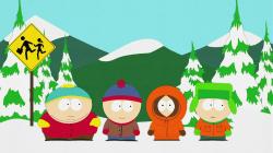 South Park desktop wallpaper with Cartman, Kenny, Kyle and Stan in the snow.