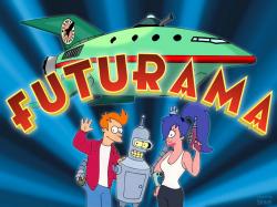 Composite Image of Futurama logo, space ship, and main characters Fry, Bender,
