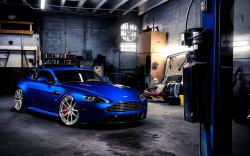 Metallic Blue Aston Martin In Garage Hd Desktop Wallpaper