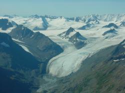 The retreating terminus of Stephens Glacier with several of its retreating unnamed valley glacier tributaries. The easternmost former tributary lost contact ...