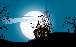Holiday Halloween Scary Castle Creepy Full Moon Bats Pumpkins Cat Midnight