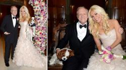 Hugh Hefner and Crystal Harris posed with their Cavalier King Charles Spaniel Charlie for an official