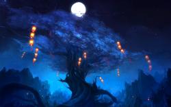 Art Tree Lanterns Moon Night