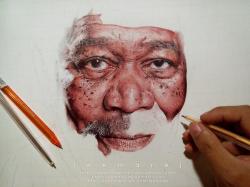 ... Ball pen Portrait of Morgan Freeman WIP 4 by leemarej