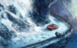 Mountain Avalanche Stones Snow Road Red Car Art