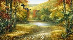 Wallpaper Tags: birds painted sky shrubs weeds brown ducks autumn yellow hills mountains outdoors fall beautiful trees water nature green plants forest ...