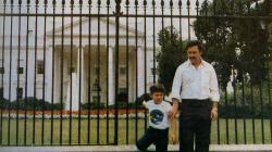 Notorious drug lord Pablo Escobar and his son in front of the White House.