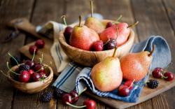 Pears Cherries Blackberries Fruit Berries Tableware Wooden