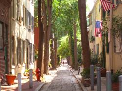 A view of Quince Street, a narrow cobblestone road as seen from Locust Street. While not inside the bounds of Old City (it is within the Washington Square ...