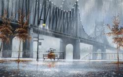 Rain couple bridge