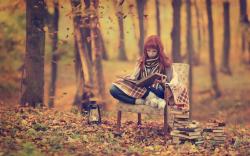 Redhead Girl Forest Autumn Books Mood