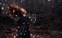 Redhead Girl Wind Leaves Autumn