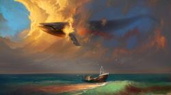 Sea Ship Birds Whale Clouds Painting