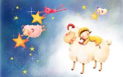 Sheeps Stars Child Sleep Night Art