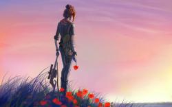 Soldier girl poppies sunset