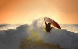 Surfing waves in sunset