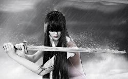 Sword warrior girl in rain